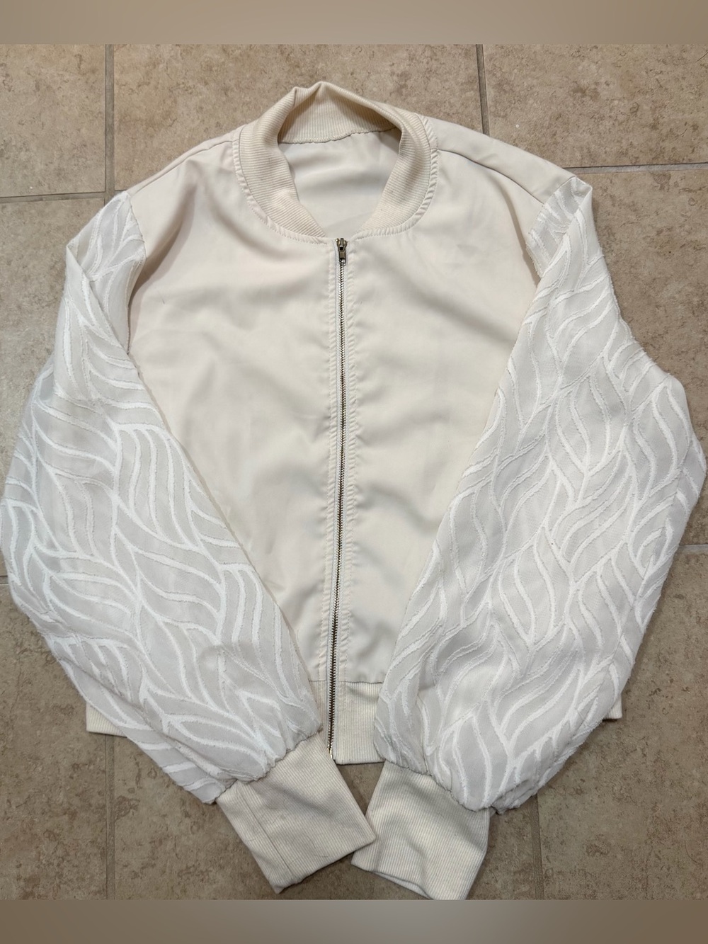 SHEIN Cream Bomber Jacket with Sheer Embroidered White Sleeves